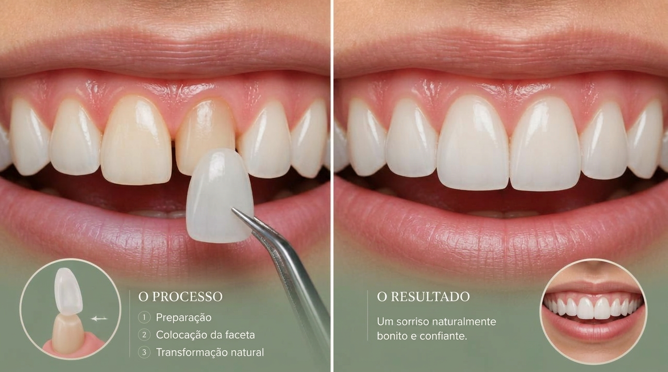 Ilustração de facetas dentárias antes e depois